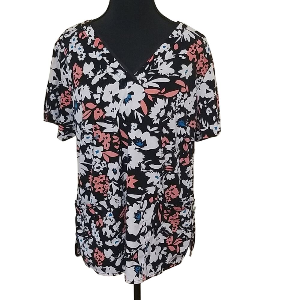 Healing Hands Womens Black Floral V Neck Scrub Top Nursing Healthcare Scrubs - L